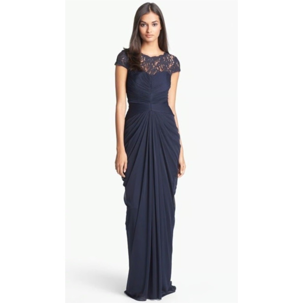 Adrianna Papell Women's Short Sleeve Evening Gown Navy Blue Lace Size 10
